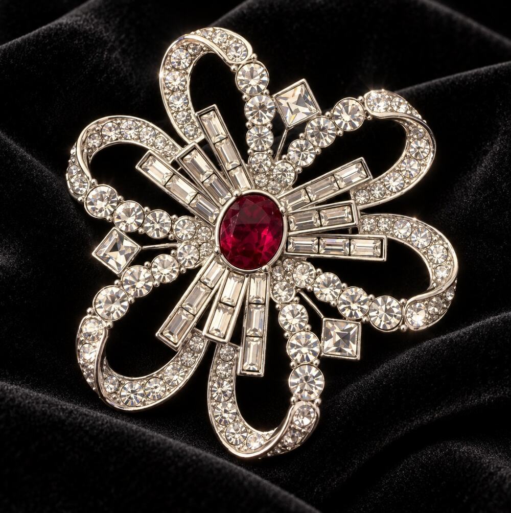 Nolan Miller Signed Rhinestone Bow Brooch Ruby Red Clear Crystal Thailand